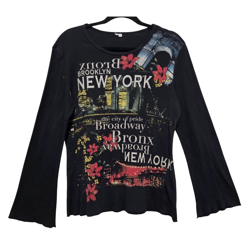 Vintage Y2K Artsy New York City Graphic Rhinestone Bell Sleeve Top Black Large